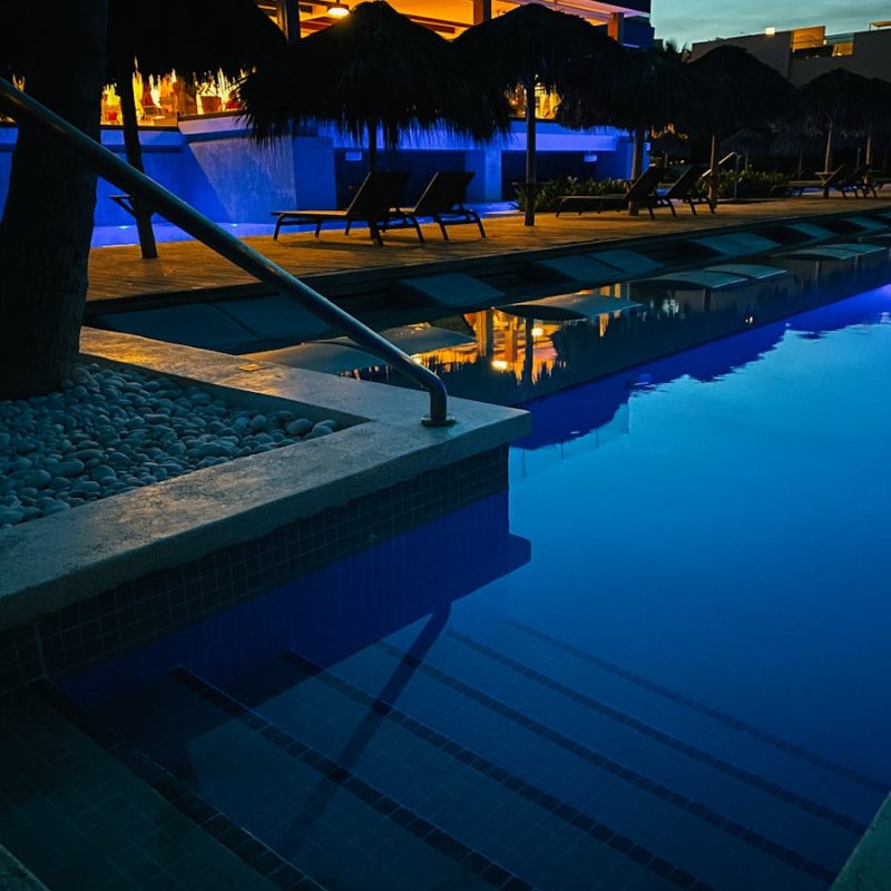 swimming pool near trees during night time