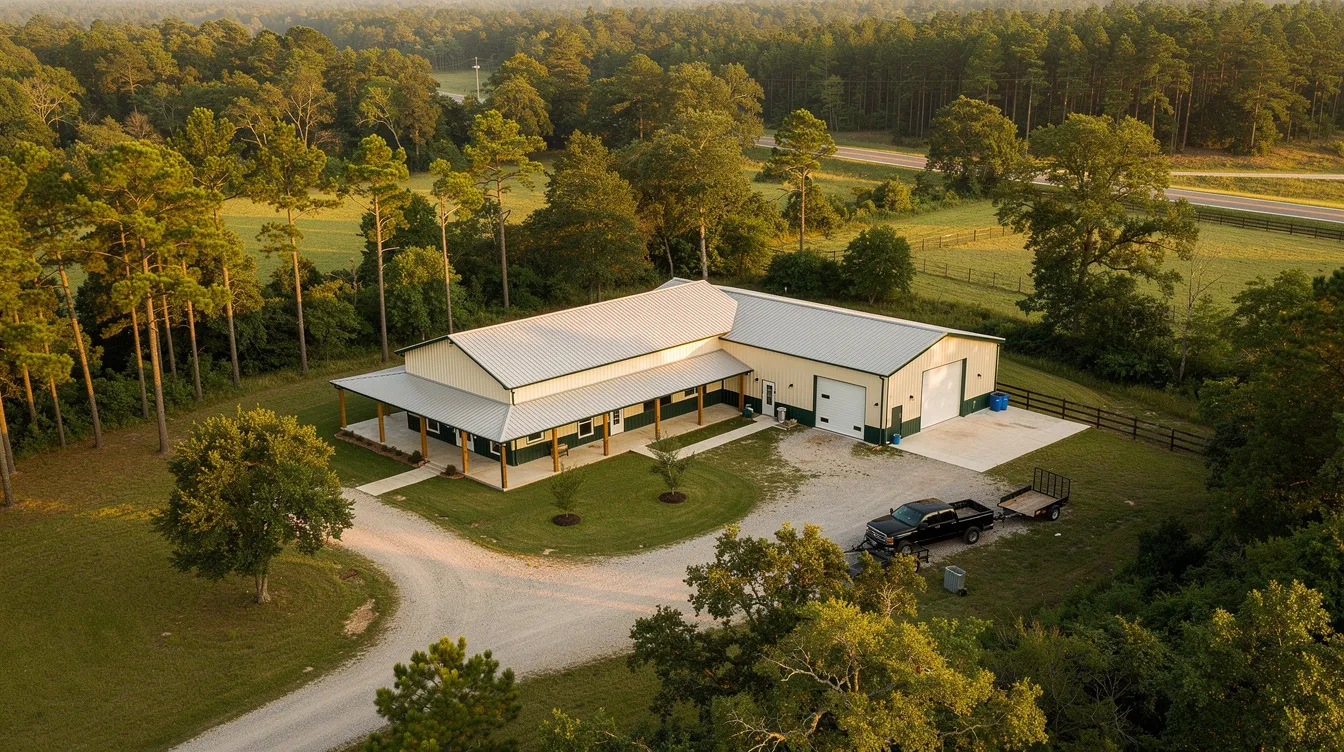 An aerial view showcases a spacious barndominium with an attached metal shop, nestled on wooded acreage in East Texas, reflecting a unique vision for a dream home. This serene setting offers ample space for outdoor activities, embodying the lifestyle of Montgomery County residents.